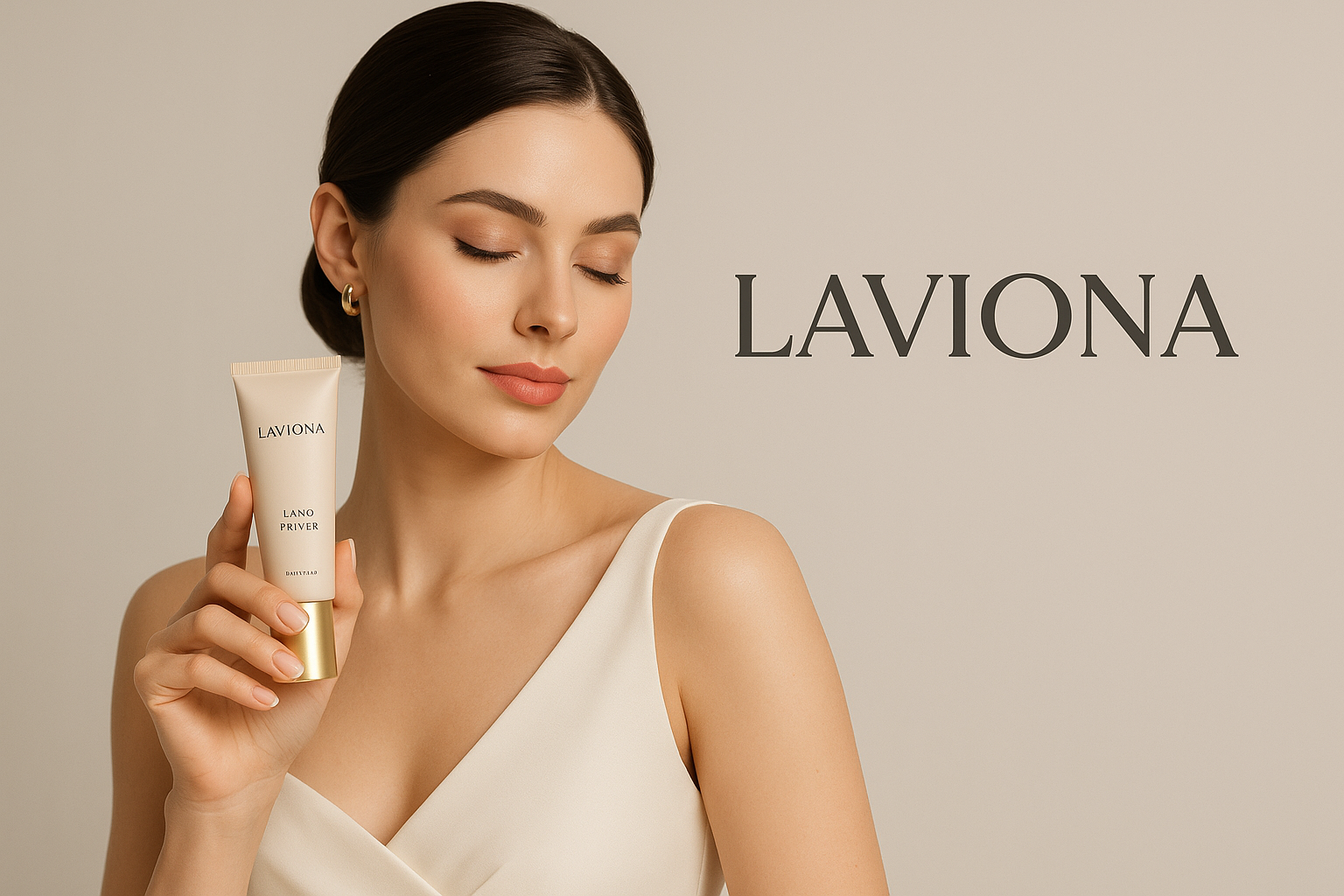make-a-elegant-ai-image-with-the-laviona-logo-and-a-woman-holding-the-land-primer-thats-on-our-website- make the image dimensions 3:2